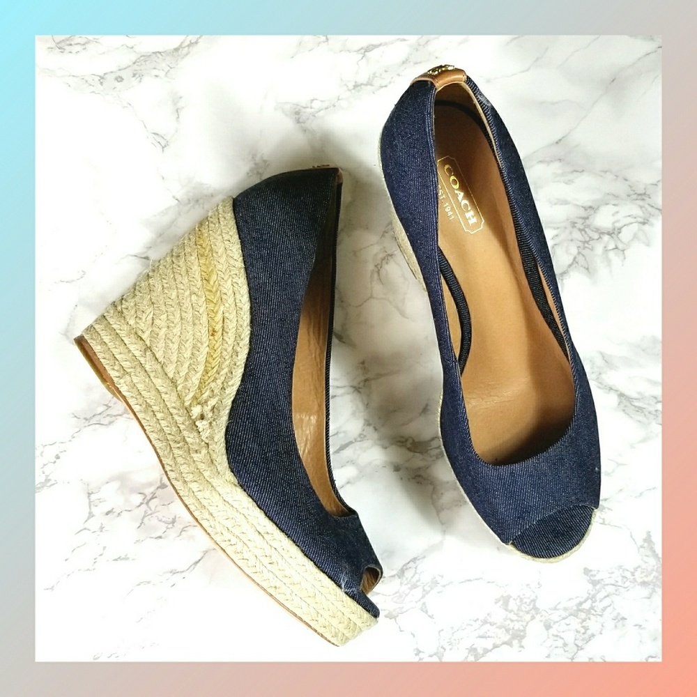 Coach Denim Espadrille Wedge Blue Tan Peep Toe